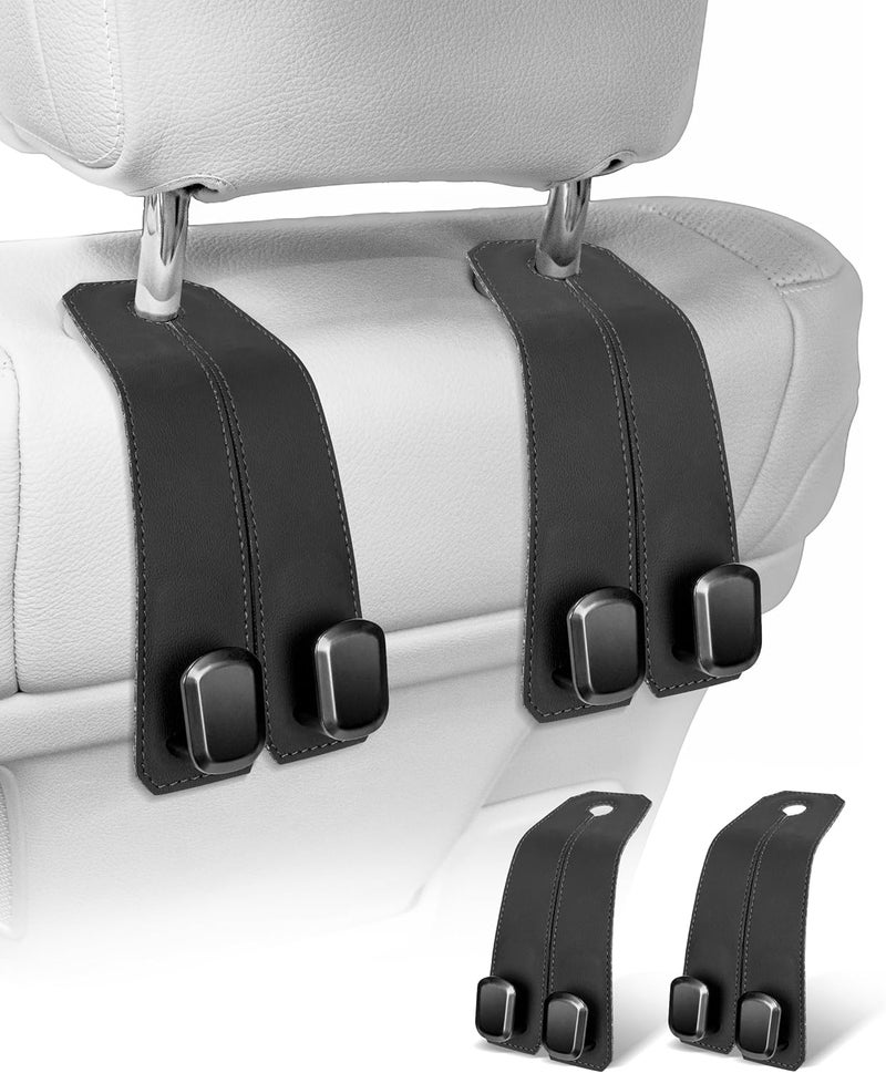 VETERBONE Car Hooks for Headrest, 2Pcs Seat Back Storage Hook Luxurious Leather 100% Metal Multifunctional Car Hanger & Holder for Heatrest, Seat, Bag, Purse (Black) - Image 1
